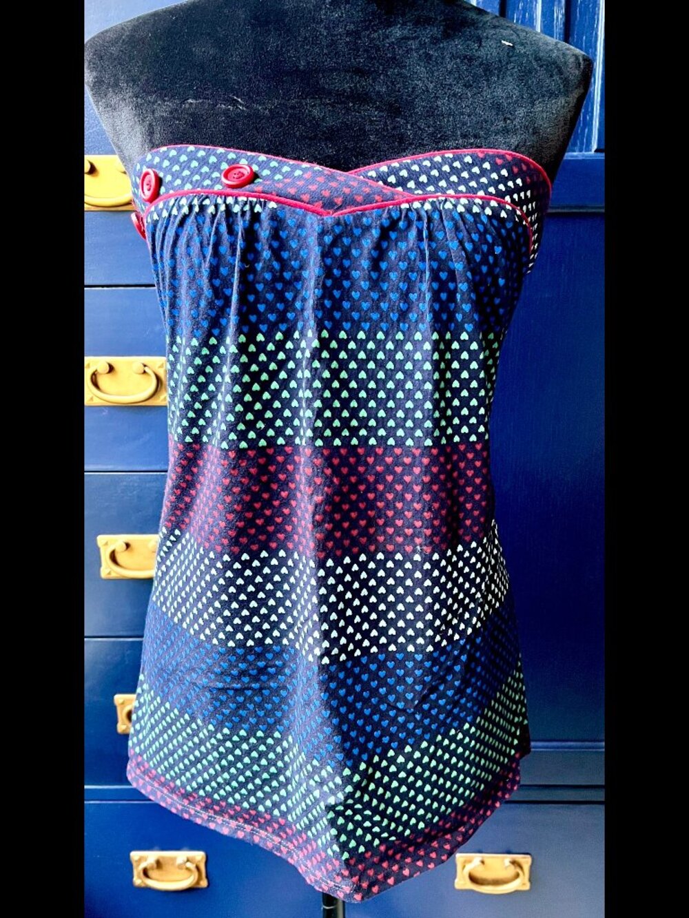 True Love Hot Topic Tube Top Black Multi-colored Hearts Striped Buttons Cute XL